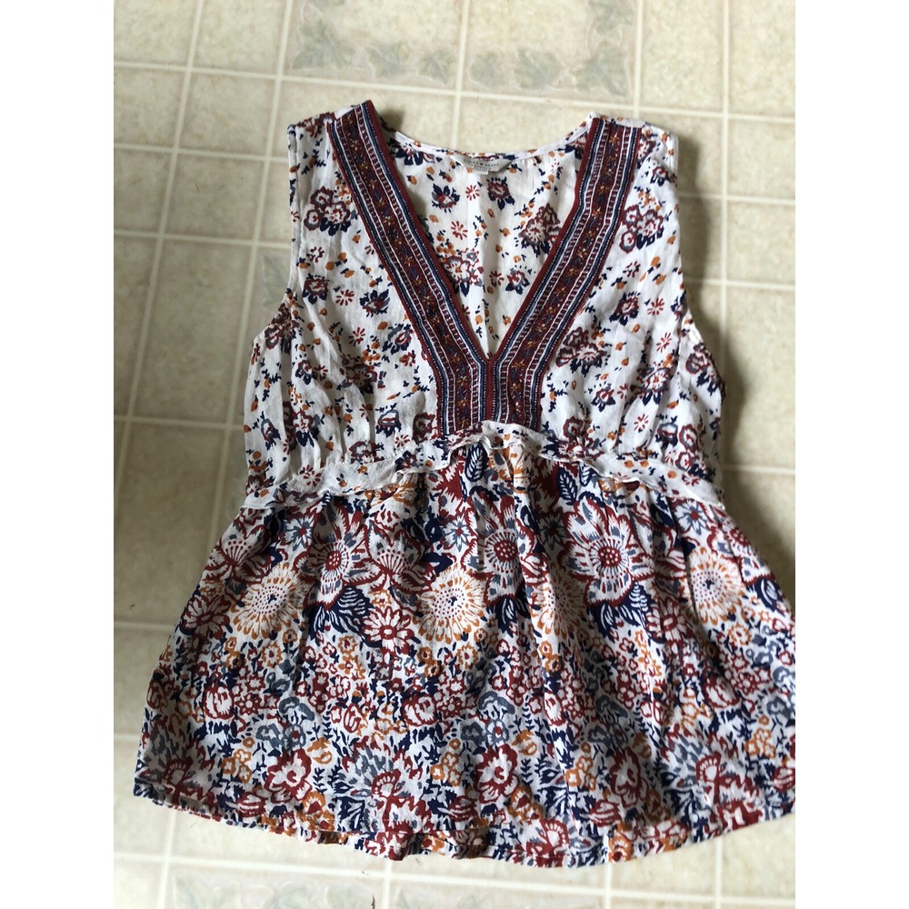 Lucky Brand Placed Print‎ Tank Floral Red Tan Loose Boho Peplum Size Small